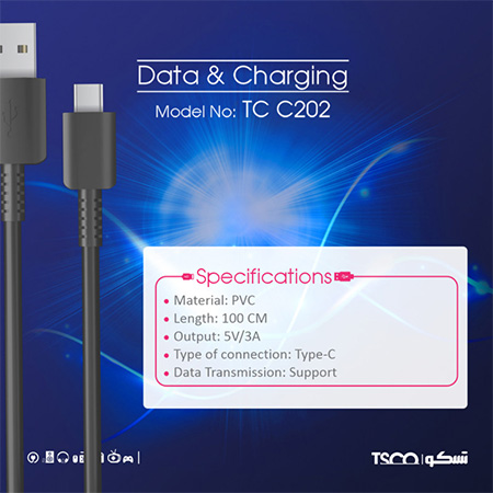 کابل تبدیل USB به USB-C تسکو مدل TCC 202 طول 1 متر